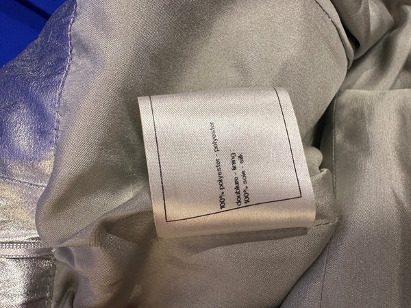 Chanel Silver Metallic Pencil Skirt S/S 2014 Runway FR 36 Unique CC button Collectors Piece