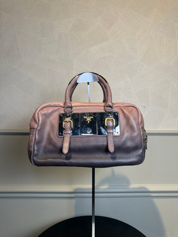 Prada Ombre Brown Glace Leather Zippers Bauletto Bag Large Lock Plate Zippers Glace Satchel Prada AW 2007 archival Bag pink purple Leather bowling bag