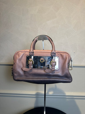 Prada Ombre Brown Glace Leather Zippers Bauletto Bag Large Lock Plate Zippers Glace Satchel Prada AW 2007 archival Bag pink purple Leather bowling bag