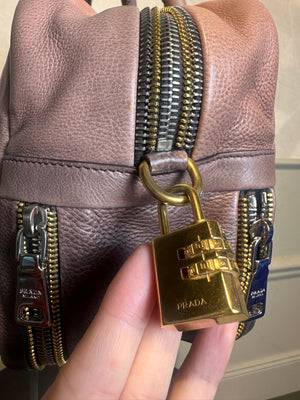 Prada Ombre Brown Glace Leather Zippers Bauletto Bag Large Lock Plate Zippers Glace Satchel Prada AW 2007 archival Bag pink purple Leather bowling bag