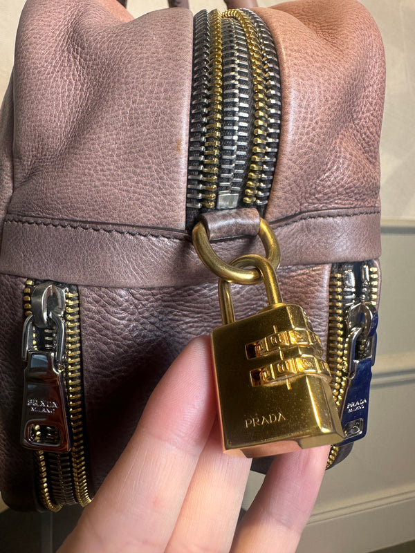 Prada Ombre Brown Glace Leather Zippers Bauletto Bag Large Lock Plate Zippers Glace Satchel Prada AW 2007 archival Bag pink purple Leather bowling bag
