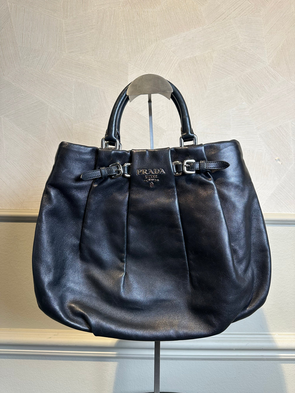 Prada Vitello Daino Bag Black Nappa Leather Pleated 2Way Top Handle Bag subtle logo hardware timeless line