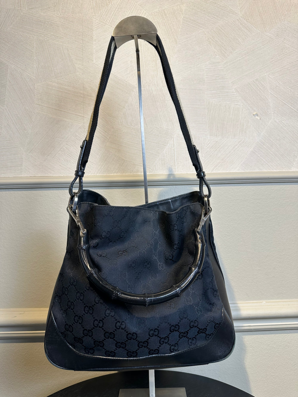 Gucci Bamboo Tote Bag GG Canvas Black Monogram Shoulder bag logo tote bamboo handle emblem leather trim 2000s