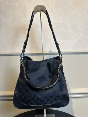 Gucci Bamboo Tote Bag GG Canvas Black Monogram Shoulder bag logo tote bamboo handle emblem leather trim 2000s