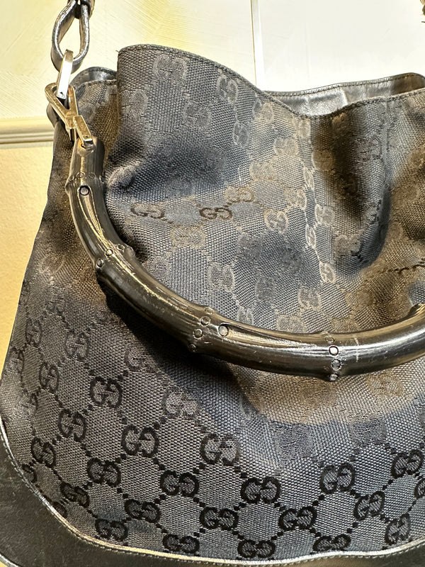 Gucci Bamboo Tote Bag GG Canvas Black Monogram Shoulder bag logo tote bamboo handle emblem leather trim 2000s