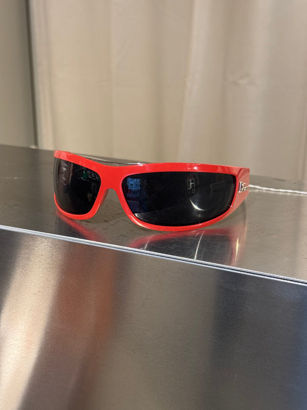 Christian Dior Vintage 1990s Shield Visor Sunglasses Red Black Wraparound Frame Dark Lenses John Galliano