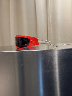 Christian Dior Vintage 1990s Shield Visor Sunglasses Red Black Wraparound Frame Dark Lenses John Galliano