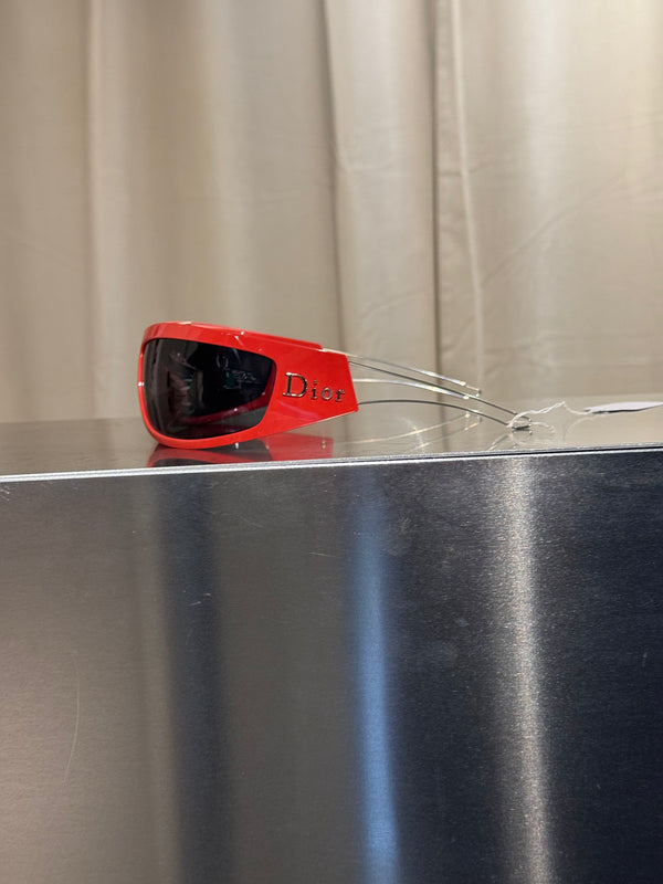Christian Dior Vintage 1990s Shield Visor Sunglasses Red Black Wraparound Frame Dark Lenses John Galliano