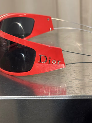 Christian Dior Vintage 1990s Shield Visor Sunglasses Red Black Wraparound Frame Dark Lenses John Galliano