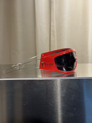 Christian Dior Vintage 1990s Shield Visor Sunglasses Red Black Wraparound Frame Dark Lenses John Galliano