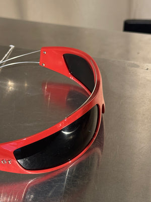 Christian Dior Vintage 1990s Shield Visor Sunglasses Red Black Wraparound Frame Dark Lenses John Galliano