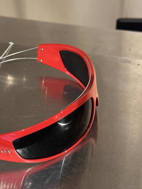 Christian Dior Vintage 1990s Shield Visor Sunglasses Red Black Wraparound Frame Dark Lenses John Galliano