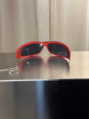 Christian Dior Vintage 1990s Shield Visor Sunglasses Red Black Wraparound Frame Dark Lenses John Galliano