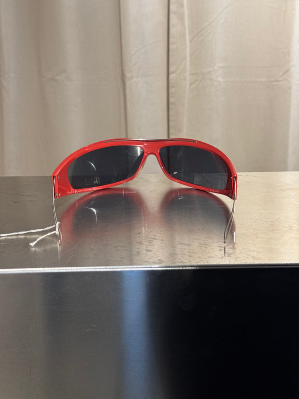 Christian Dior Vintage 1990s Shield Visor Sunglasses Red Black Wraparound Frame Dark Lenses John Galliano