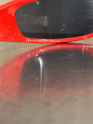 Christian Dior Vintage 1990s Shield Visor Sunglasses Red Black Wraparound Frame Dark Lenses John Galliano