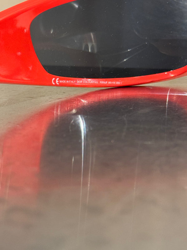 Christian Dior Vintage 1990s Shield Visor Sunglasses Red Black Wraparound Frame Dark Lenses John Galliano