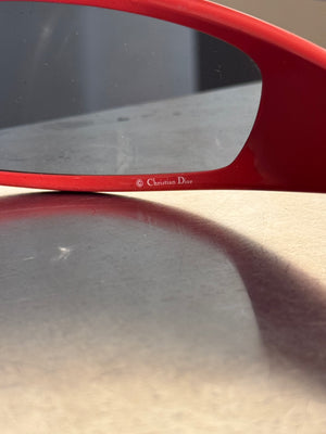 Christian Dior Vintage 1990s Shield Visor Sunglasses Red Black Wraparound Frame Dark Lenses John Galliano