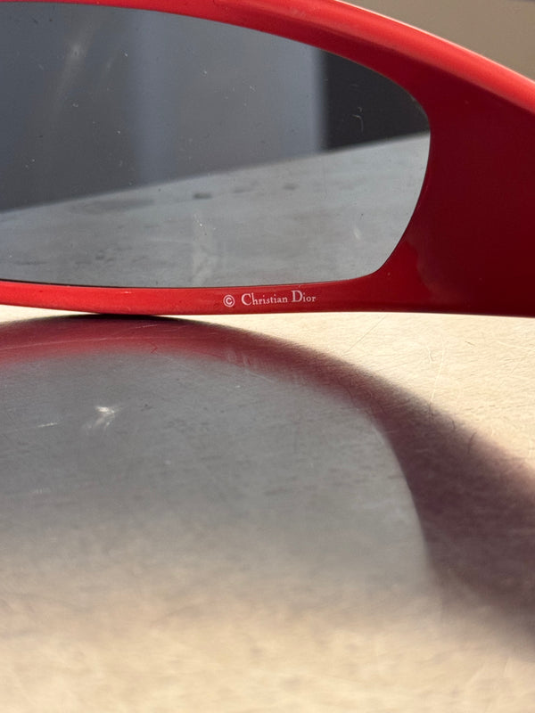 Christian Dior Vintage 1990s Shield Visor Sunglasses Red Black Wraparound Frame Dark Lenses John Galliano