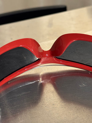 Christian Dior Vintage 1990s Shield Visor Sunglasses Red Black Wraparound Frame Dark Lenses John Galliano