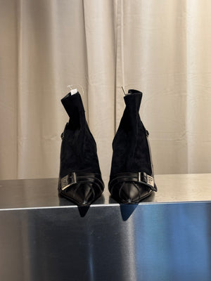 Christian Dior Black Suede Patent Leather Pointed Toe Ankle Boots Logo Buckle Kitten Heel Size EU 37.5