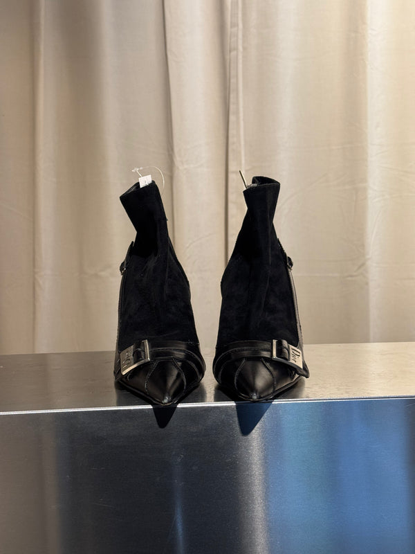Christian Dior Black Suede Patent Leather Pointed Toe Ankle Boots Logo Buckle Kitten Heel Size EU 37.5