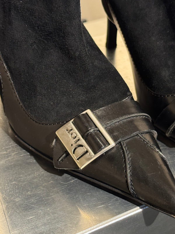 Christian Dior Black Suede Patent Leather Pointed Toe Ankle Boots Logo Buckle Kitten Heel Size EU 37.5