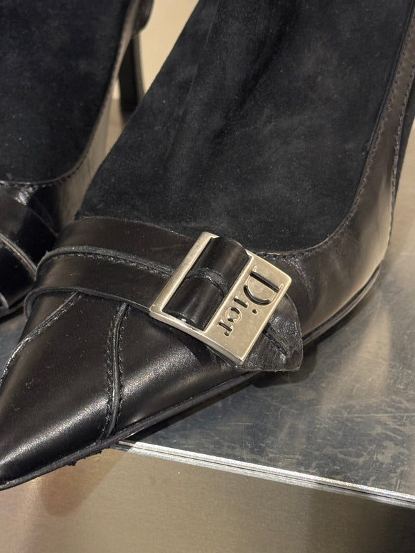 Christian Dior Black Suede Patent Leather Pointed Toe Ankle Boots Logo Buckle Kitten Heel Size EU 37.5