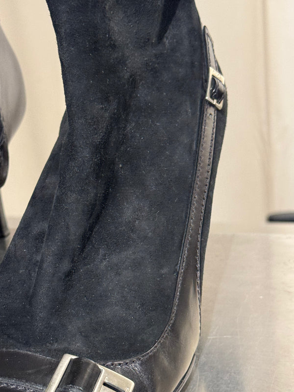 Christian Dior Black Suede Patent Leather Pointed Toe Ankle Boots Logo Buckle Kitten Heel Size EU 37.5