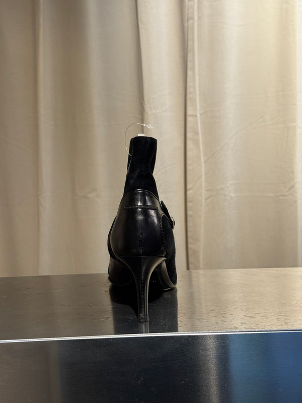 Christian Dior Black Suede Patent Leather Pointed Toe Ankle Boots Logo Buckle Kitten Heel Size EU 37.5