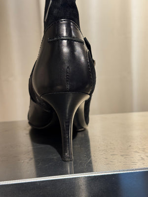 Christian Dior Black Suede Patent Leather Pointed Toe Ankle Boots Logo Buckle Kitten Heel Size EU 37.5