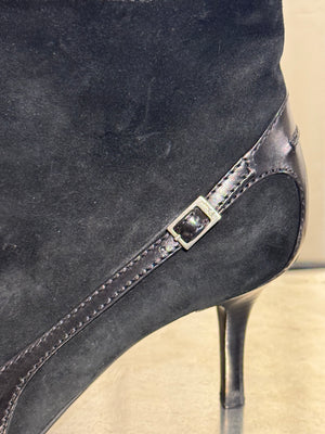 Christian Dior Black Suede Patent Leather Pointed Toe Ankle Boots Logo Buckle Kitten Heel Size EU 37.5
