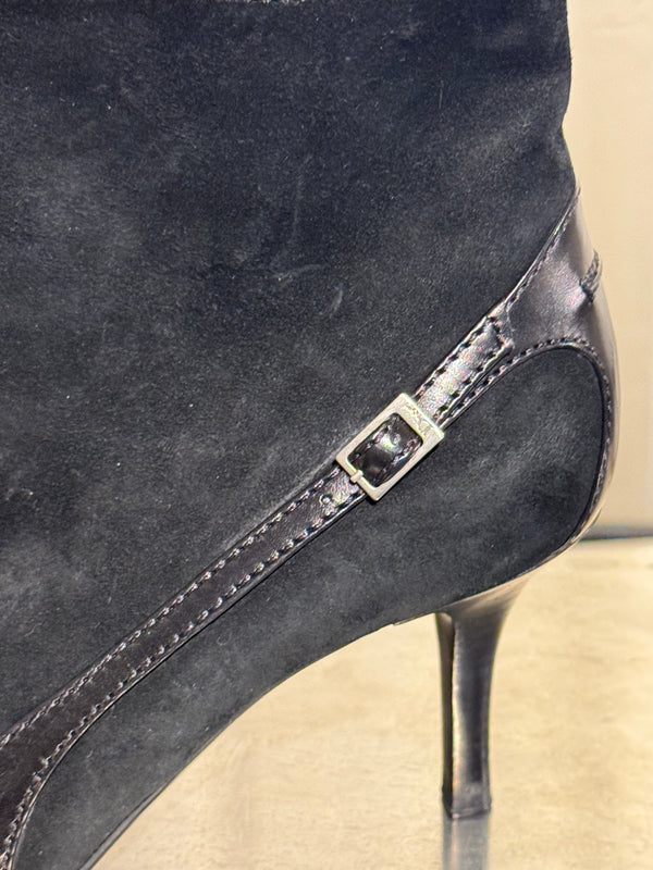 Christian Dior Black Suede Patent Leather Pointed Toe Ankle Boots Logo Buckle Kitten Heel Size EU 37.5