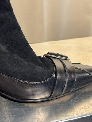 Christian Dior Black Suede Patent Leather Pointed Toe Ankle Boots Logo Buckle Kitten Heel Size EU 37.5