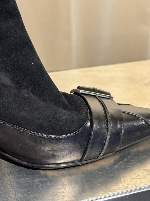Christian Dior Black Suede Patent Leather Pointed Toe Ankle Boots Logo Buckle Kitten Heel Size EU 37.5