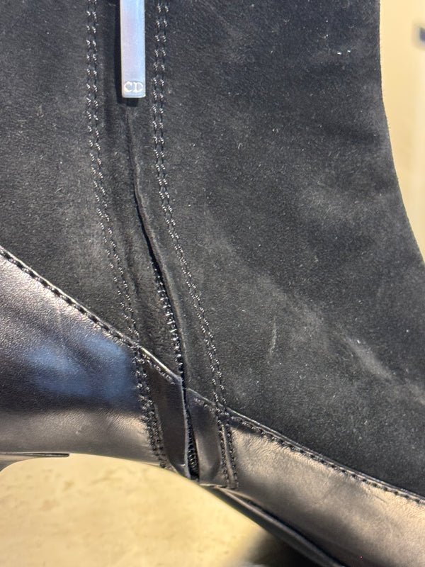 Christian Dior Black Suede Patent Leather Pointed Toe Ankle Boots Logo Buckle Kitten Heel Size EU 37.5