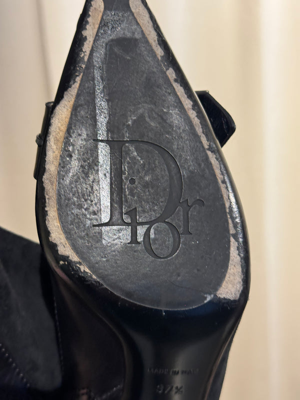 Christian Dior Black Suede Patent Leather Pointed Toe Ankle Boots Logo Buckle Kitten Heel Size EU 37.5