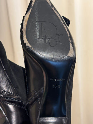 Christian Dior Black Suede Patent Leather Pointed Toe Ankle Boots Logo Buckle Kitten Heel Size EU 37.5
