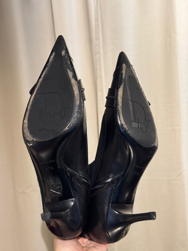 Christian Dior Black Suede Patent Leather Pointed Toe Ankle Boots Logo Buckle Kitten Heel Size EU 37.5