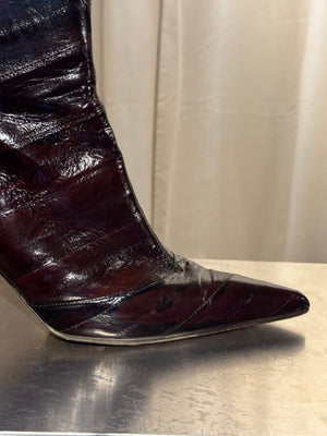 Dolce &amp; Gabbana D&amp;G Burgundy Exotic Leather Ankle Boots Pointed Toe Gold Zip Stiletto Heel Size EU 40