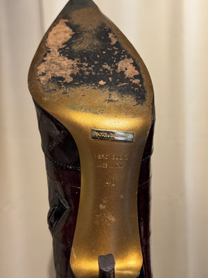Dolce &amp; Gabbana D&amp;G Burgundy Exotic Leather Ankle Boots Pointed Toe Gold Zip Stiletto Heel Size EU 40