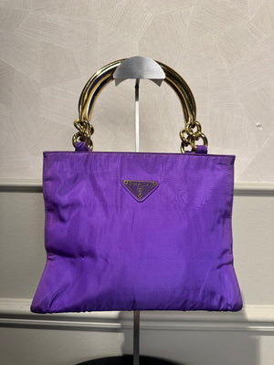Prada Bag Bright Purple Shopping Bag Nylon Gold Handle Tote Strap Gold solid Top Handles Structured Logo&nbsp;