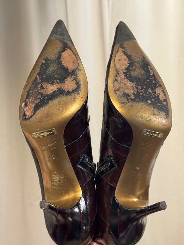 Dolce &amp; Gabbana D&amp;G Burgundy Exotic Leather Ankle Boots Pointed Toe Gold Zip Stiletto Heel Size EU 40