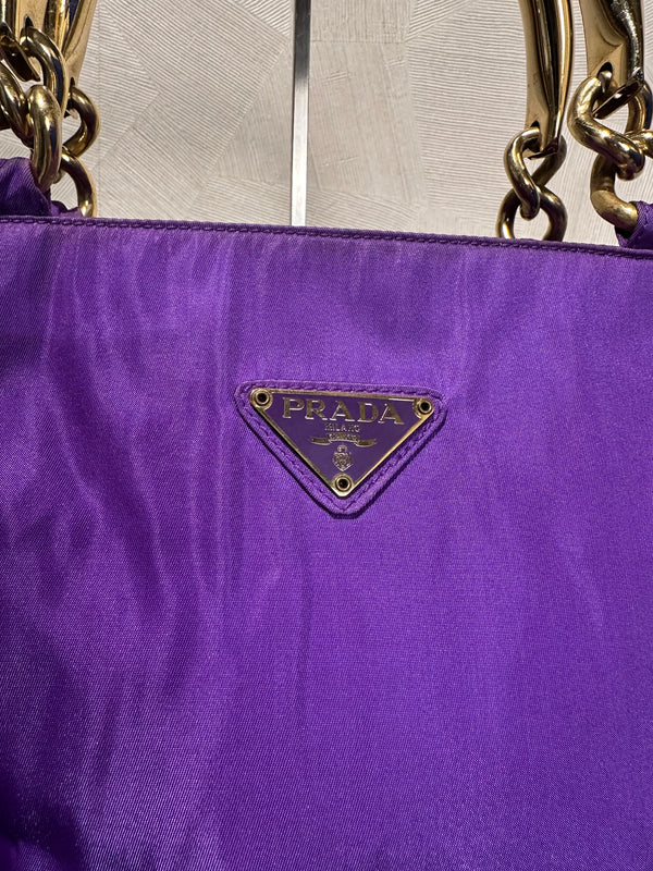 Prada Bag Bright Purple Shopping Bag Nylon Gold Handle Tote Strap Gold solid Top Handles Structured Logo&nbsp;