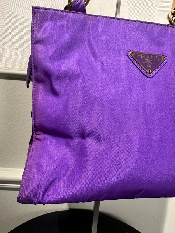 Prada Bag Bright Purple Shopping Bag Nylon Gold Handle Tote Strap Gold solid Top Handles Structured Logo&nbsp;