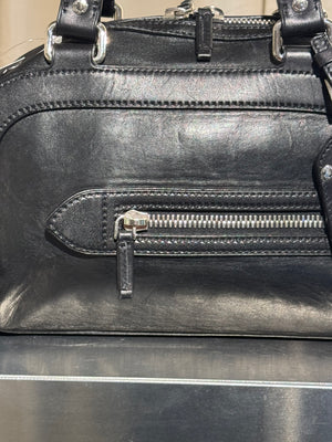Prada Black Leather Bowling Bag Multi Zip Pocket Top Handle Shoulder Bag Silver Hardware Luggage Tag Dust Bag
