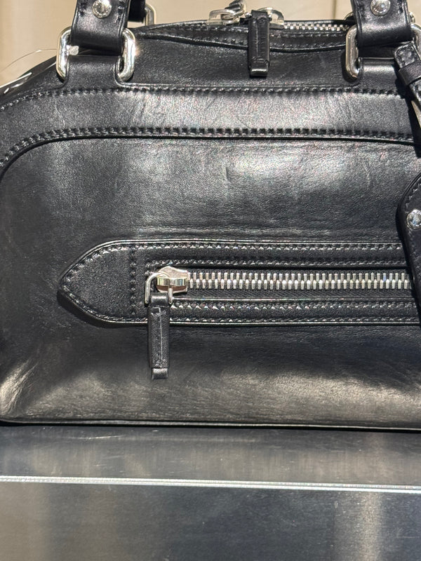 Prada Black Leather Bowling Bag Multi Zip Pocket Top Handle Shoulder Bag Silver Hardware Luggage Tag Dust Bag