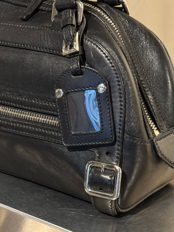 Prada Black Leather Bowling Bag Multi Zip Pocket Top Handle Shoulder Bag Silver Hardware Luggage Tag Dust Bag