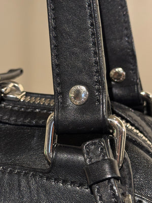 Prada Black Leather Bowling Bag Multi Zip Pocket Top Handle Shoulder Bag Silver Hardware Luggage Tag Dust Bag