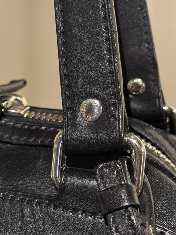 Prada Black Leather Bowling Bag Multi Zip Pocket Top Handle Shoulder Bag Silver Hardware Luggage Tag Dust Bag
