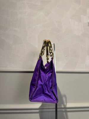 Prada Bag Bright Purple Shopping Bag Nylon Gold Handle Tote Strap Gold solid Top Handles Structured Logo&nbsp;